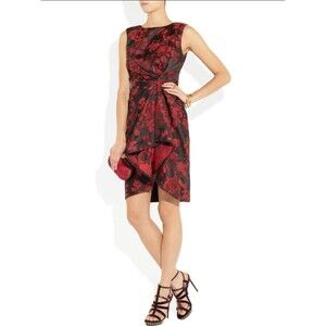JASON WU Wonka Print Red Black Floral Jacquard Silk Lined Sheath Dress Size 12